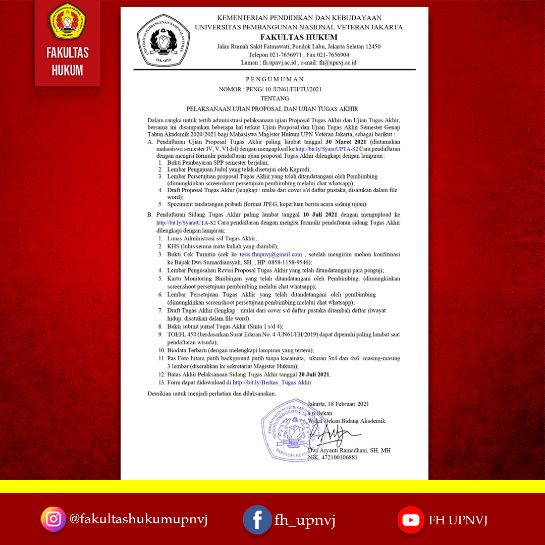 Pelaksanaan Ujian Proposal Dan Tugas Akhir Mahasiswa Magister Hukum (S2 ...