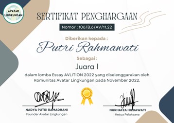 Mahasiswi Fakultas Hukum meraih Juara I pada Lomba Essay Nasional Avatar Lingkungan Competition (AVLITION) 2022